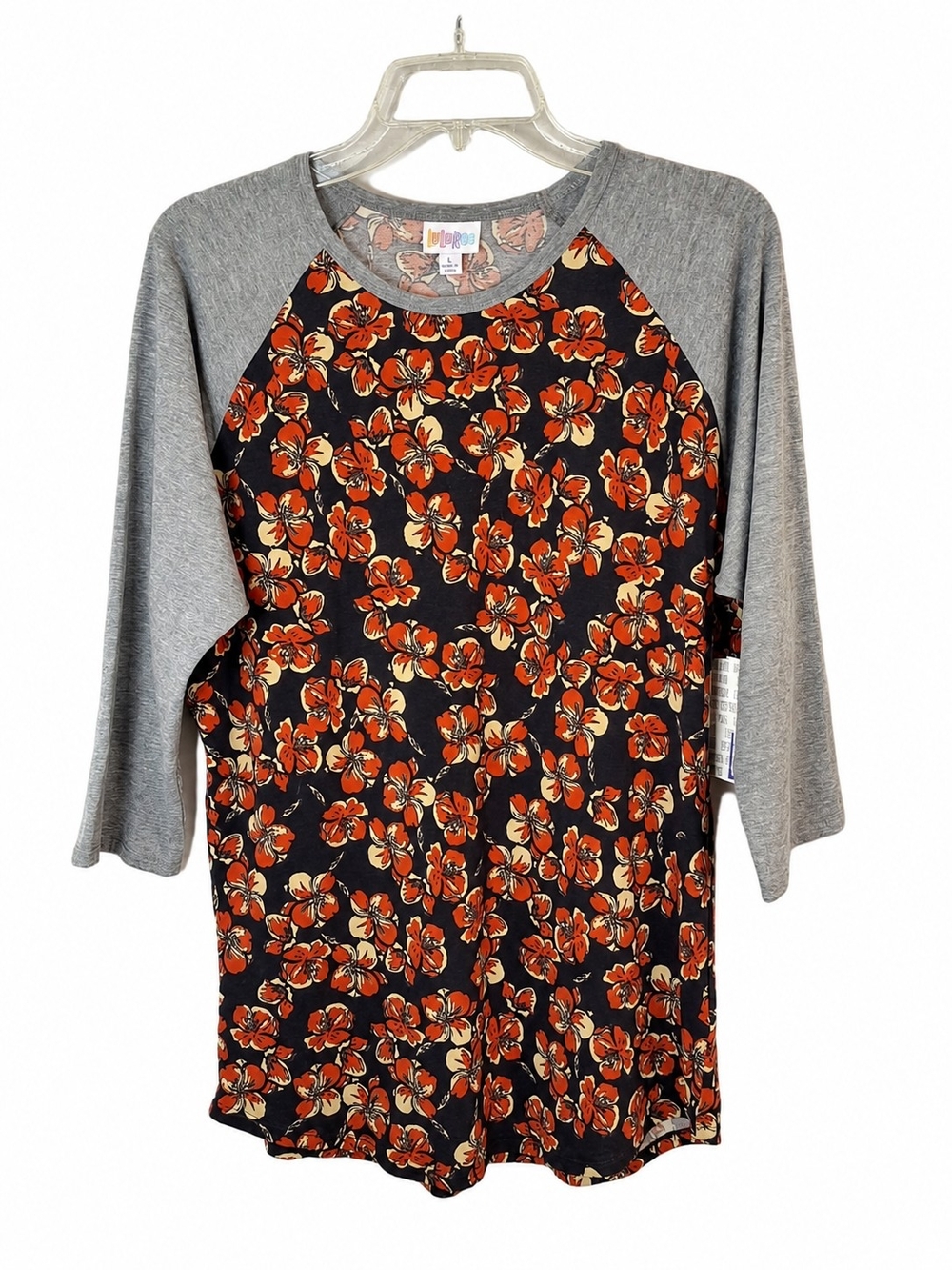 NWT LuLaRoe Randy Top Floral Raglan 3/4 Sleeve Gray Orange Tunic Large